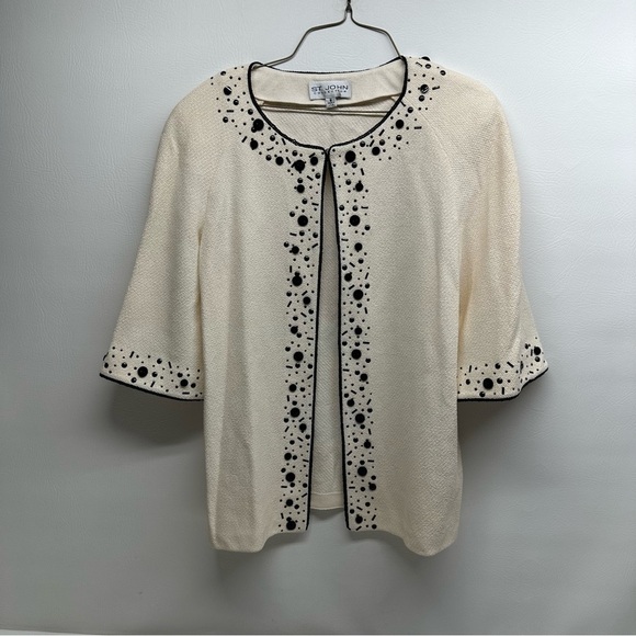 ST JOHN WOMENS Cream and Black Embellished OVER DRESS Cardigan SZ 8 - Picture 1 of 8